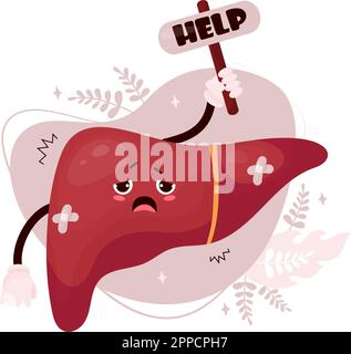 Malheureux triste foie de dessin animé. L'organe humain de caractère mignon est malade, souffrant et demandant de l'aide. Illustration vectorielle de style dessin animé plat pour la conception et Illustration de Vecteur