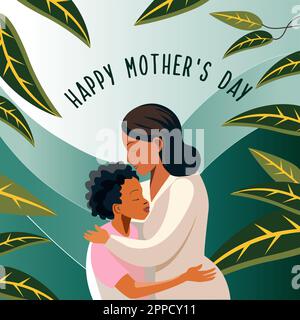 Maman embrasse son vecteur plat avec inscription Happy Mothers day Illustration de Vecteur