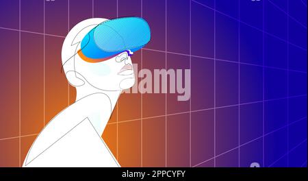 Femme portant un dessin de ligne de casque de réalité virtuelle. Concept de technologie métaverse. Bannière du périphérique VR. Illustration vectorielle Illustration de Vecteur