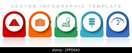 Ensemble d'icônes de voyage, conception plate diverses icônes colorées telles que la route, le bâtiment, la navigation, le panneau de signalisation et la jauge de carburant pour la conception de sites Web et l'applica mobile Illustration de Vecteur