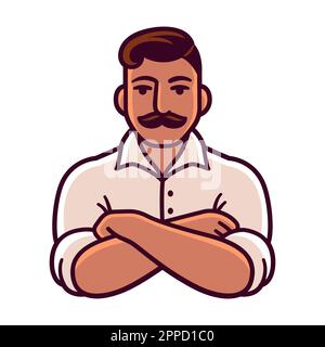Dessin d'un homme avec moustache avec les bras croisés et les manches roulées. Illustration élégante et ancienne. Illustration de Vecteur