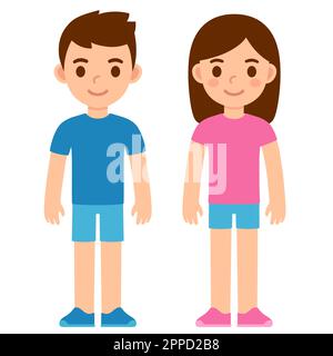 Mignon petit garçon de dessin animé en chemise bleue et fille en chemise rose. Enfants de couleur traditionnelle des vêtements de sexe. Illustration simple à vecteur plat. Illustration de Vecteur