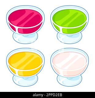 Dessert en gelée de fruits en verre, différentes saveurs. Illustration vectorielle de dessin animé. Illustration de Vecteur