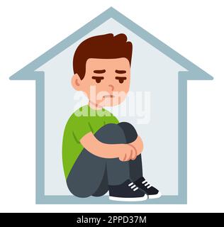 Adolescent assis seul à la maison, se serrant les genoux. Dépression, solitude, anxiété sociale. Dessin de dessin animé simple et plat. Santé mentale vecteur clip art i Illustration de Vecteur