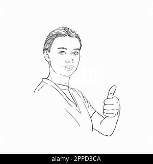 Dessin d'une jeune femme montrant un geste du pouce vers le haut, illustration linéaire vectorielle dessinée à la main Illustration de Vecteur