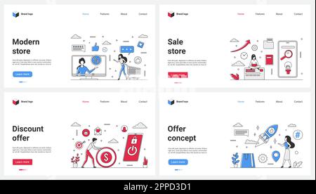 Illustration vectorielle de la campagne marketing de vente moderne, de l'offre de remise et de la série de promotions. Caricature les gens minuscules achètent des cadeaux avec des coupons à bas prix dans la boutique d'application mobile, les clients commandent en ligne Illustration de Vecteur