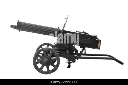 Vieille mitrailleuse militaire maxim sur fond blanc isolé Banque D'Images