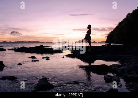 Silhouette de femme debout sur la plage au crépuscule Banque D'Images
