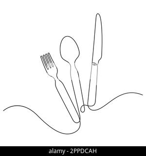ustensiles en ligne continue. cuillère, fourchette, couteau à steak ligne art décoratif Illustration de Vecteur
