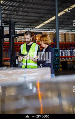 Responsable et collègue discutant de l'utilisation d'une tablette PC en usine Banque D'Images