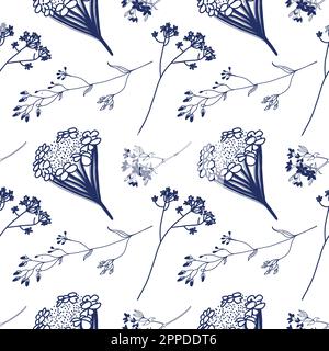 Motif sans couture. Fleurs et plantes de champ en bleu foncé, dessinées à la main sur un comprimé sur fond blanc. Convient pour l'impression sur papier, tissu, invité Illustration de Vecteur