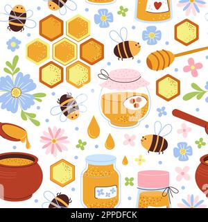 Motif miel doux sans coutures. Abeille sur la prairie, apiculture. Dessert naturel en cuillère, insectes volants. Éléments de récolte, motif nid d'abeille correct vectoriel Illustration de Vecteur