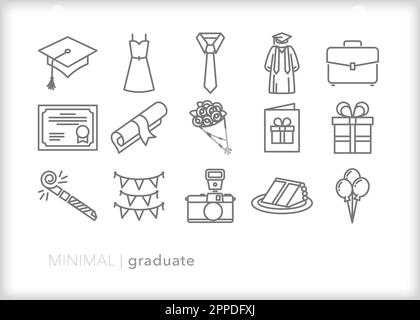 Ensemble de lignes d'icônes de troisième cycle de thèmes et d'articles pour célébrer une école secondaire de Grad collège pour commencer Illustration de Vecteur