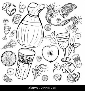 Vector hand drawn ensemble de boissons froides, des cocktails et des boissons d'été avec des fruits. Différents doodles pour partie de plage, bar, restaurant. Obje isolés Illustration de Vecteur