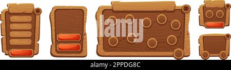 Modèle pour la conception du jeu. Planches en bois avec boutons, textures carte d'aventure et STEP by STEP board. Graphique de dessin animé Web vectoriel isolé Illustration de Vecteur