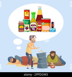 Sans-abri. les personnes pauvres ont l'esprit au sujet des aliments. Illustration du concept vectoriel Illustration de Vecteur
