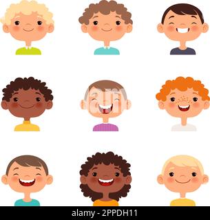 Visages de garçons heureux. Préteen blonde brunette cheveux bruns et tête rouge riant les enfants, souriant enfants amis portraits Illustration de Vecteur