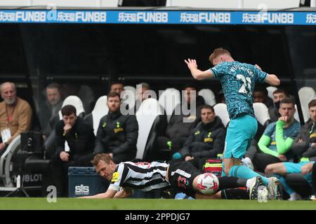 Newcastle, Royaume-Uni. 23rd avril 2023Tottenham Dejan Kulusevski de Hotspur affronte Dan Burn de Newcastle United lors du match de la Premier League entre Newcastle United et Tottenham Hotspur à St. James's Park, Newcastle, le dimanche 23rd avril 2023. (Photo : Mark Fletcher | ACTUALITÉS MI) Credit: MI News & Sport /Alamy Live News Banque D'Images