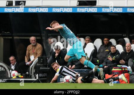 Newcastle, Royaume-Uni. 23rd avril 2023Tottenham Dejan Kulusevski de Hotspur affronte Dan Burn de Newcastle United lors du match de la Premier League entre Newcastle United et Tottenham Hotspur à St. James's Park, Newcastle, le dimanche 23rd avril 2023. (Photo : Mark Fletcher | ACTUALITÉS MI) Credit: MI News & Sport /Alamy Live News Banque D'Images