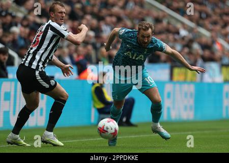 Newcastle, Royaume-Uni. 23rd avril 2023Tottenham Harry Kane de Hotspur en action avec Dan Burn de Newcastle United lors du match de la Premier League entre Newcastle United et Tottenham Hotspur à St. James's Park, Newcastle, le dimanche 23rd avril 2023. (Photo : Mark Fletcher | ACTUALITÉS MI) Credit: MI News & Sport /Alamy Live News Banque D'Images