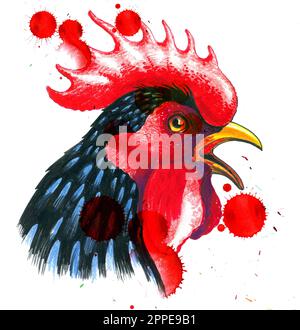 Tête de coq noire. Dessin à l'encre et aquarelle avec des splatters Banque D'Images