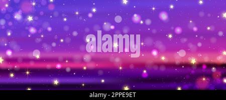 Fond violet avec bokeh et paillettes. Paillettes dorées et étoiles scintillent sur un ciel de nuit piquant. Papier peint brillant rêvant. Illustration vectorielle Illustration de Vecteur