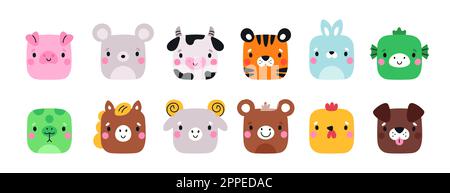 Carrés animaux mignons. Personnages de dessins animés de la faune agricole. Muzzles amusants. Horoscope chinois créatures. Forme des icônes des applications mobiles. Joyeux tigre et cheval Illustration de Vecteur