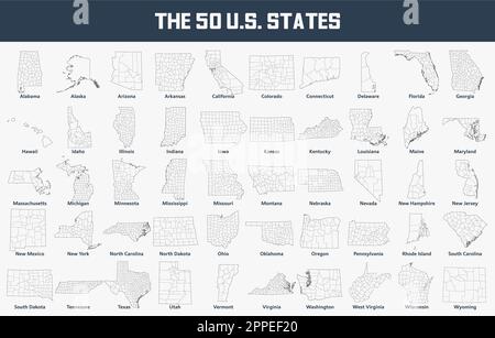 Ensemble de cartes des États-Unis avec ses 50 États et chaque comté. Illustration de Vecteur