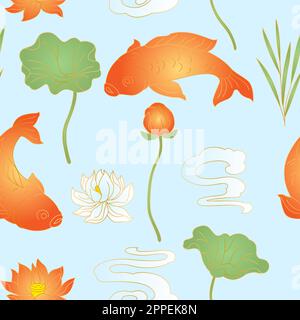 Motif de poisson et de lotus oriental. Arrière-plan traditionnel chinois et japonais. Illustration de Vecteur