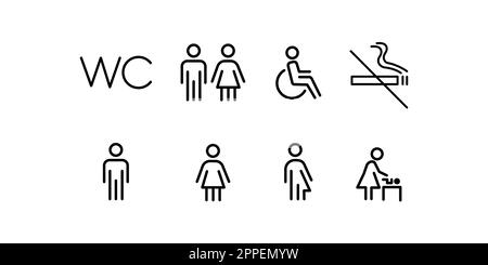 Jeu de symboles vectoriels pour toilettes ou wc. Hommes, femmes, handicapés, icônes chandiantes. Contour, contour modifiable. Illustration de Vecteur