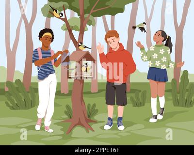 Les enfants nourrissent les oiseaux. Les garçons et les filles heureux de verser la nourriture dans le mangeoire pour les poulaillers, marcher dans le parc forestier, Birdhouse en bois, les adolescents dans les vêtements modernes de marche Illustration de Vecteur