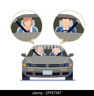 Règles de conduite, homme et femme en voiture portant la ceinture de sécurité. Règles de sécurité du véhicule. Conducteur et passager à l'intérieur de l'automobile, vue avant du couple Illustration de Vecteur