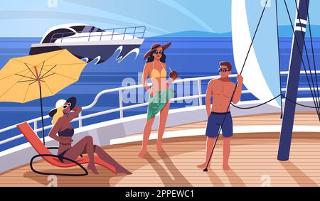 Vie de luxe. Jeunes riches garçons et filles s'amuser sur le yacht, croisière d'été en mer, personnes heureuses bains de soleil sur le pont, vacances marines, dessin animé plat Illustration de Vecteur