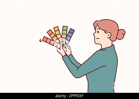La femme tient la palette de couleurs et de nuances tout en considérant la décoration d'un nouvel appartement ou de design d'intérieur. Femme d'affaires avec la palette décide de la couleur désirée de la voiture Illustration de Vecteur