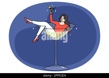 Une jeune femme surjoyée, couchée dans un verre de martini, s'amuse à boire de l'alcool. Concept de mauvaise habitude ou de dépendance. Bonne fille accro aux boissons alcoolisées. Problème d'alcoolisme. Illustration vectorielle. Illustration de Vecteur