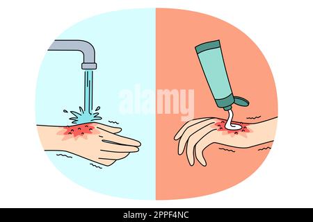 Concept hygiène et nettoyage des mains. Main humaine application de la crème et lavage avec de l'eau du nettoyage du robinet économie d'hygiène quotidienne et guérison des blessures illustration du vecteur Illustration de Vecteur