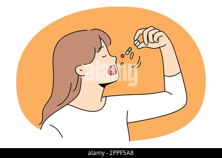 Santé et prendre des médicaments vitamines concept.Portrait de jeune femme prenant quelques pilules ou vitamines pour se sentir en bonne santé et illustration positive de vecteur Illustration de Vecteur