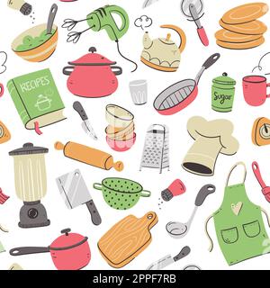Outils de cuisine et appareils électroménagers modèle sans couture. Illustration mignonne avec des objets de cuisson isolés au format vectoriel. Cuisine ustensiles de fond. Illustration de Vecteur