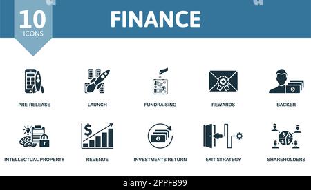 Ensemble de plan financier. Icônes créatives : pré-libération, lancement, collecte de fonds, récompenses, soutien, propriété intellectuelle, revenus, retour sur investissement, sortie Illustration de Vecteur