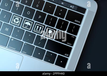 Symboles fragiles sur le clavier de l'ordinateur portable. Concept de technologie. 3D rendu Banque D'Images