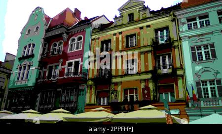 Timisoara Roumanie - 6 octobre 2019 façades de vieilles maisons sur la place centrale baroque de la ville avec parasols de café Banque D'Images