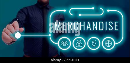 Légende de texte présentant la marchandise. Mot écrit sur les marchandises ou les marchandises qui sont achetées et vendues dans l'entreprise Banque D'Images