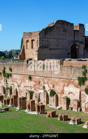 Colline du Palatin, vue sur les ruines de plusieurs bâtiments anciens importants, Hippodrome de Domitien, Rome, Italie Banque D'Images