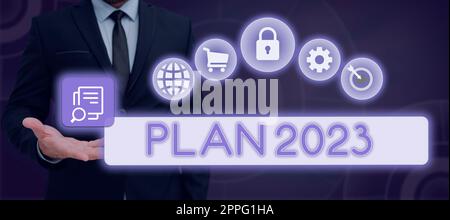 Texte d'écriture Plan 2023. Photo conceptuelle proposition détaillée de faire ou de réaliser quelque chose l'année prochaine Banque D'Images