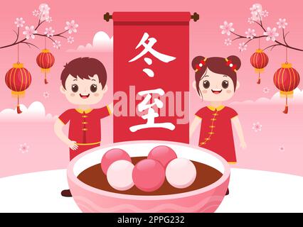 Dongzhi ou Winter Solstice Festival modèle dessin main dessin dessin dessin dessin animé dessin animé dessin animé par la famille appréciant la cuisine chinoise Tangyuan et Jiaozi concept Illustration de Vecteur