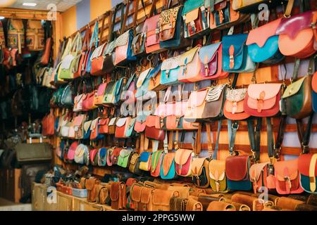 Canacona, Goa, Inde. Boutique avec articles en cuir - sacs, portefeuilles, sacs à dos, porte-documents Banque D'Images