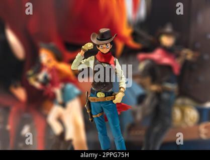 chiba, japon - décembre 22 2018 : figurine peinte en plastique représentant le personnage Monkey D.Luffy du manga et de la série animée One Piece pendant la convention Jump Festa 19. Banque D'Images