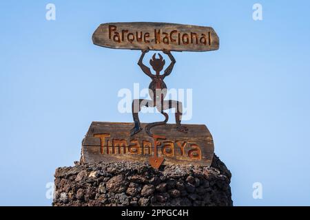 Panneau du Parc national de Timanfaya, Lanzarote, îles Canaries, Espagne. Banque D'Images