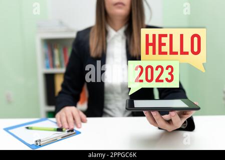 Légende conceptuelle Bonjour 2023. Concept signifiant célébration du début de l'année civile 2023 Banque D'Images
