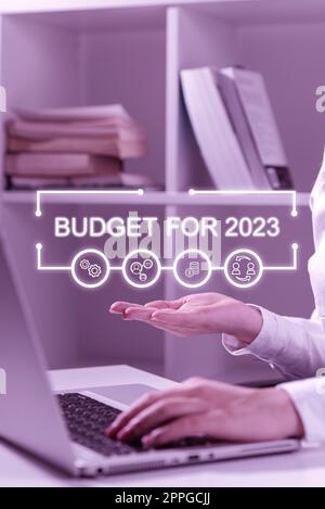 Texte montrant le budget inspiration pour 2023. Mot écrit sur une estimation écrite des recettes et des dépenses pour 2023 Banque D'Images